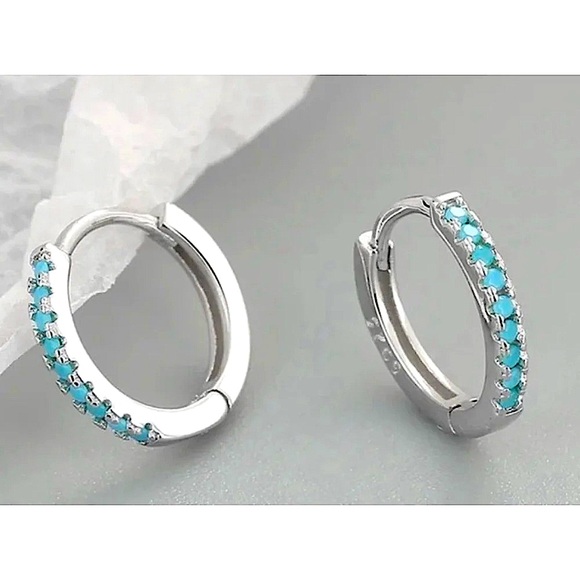 NEW Unisex Men’s Turquoise White Gold Plated S925 Silver Hoop‎ Earrings, 9mm - Picture 6 of 10